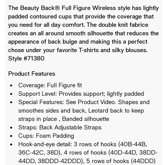 VANITY FAIR Beauty Back Full Figure Wireless Bra Size 44C Style 71380 NWT - Picture 13 of 14